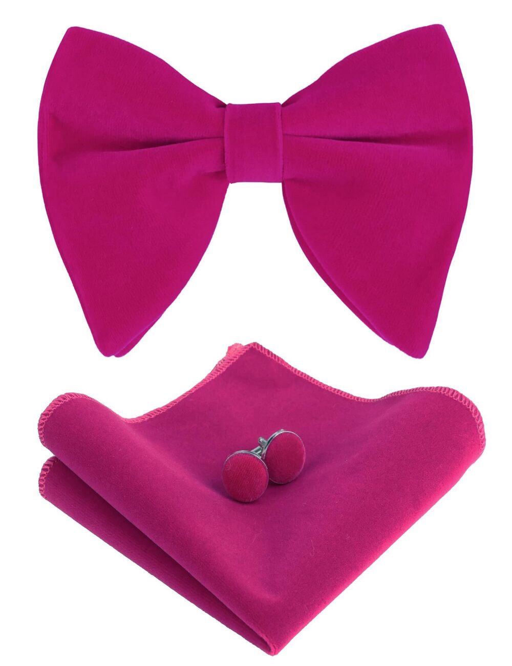 1321 Pretied Velvet Adjustable Bow Tie, Hanky and Cufflinks Set, Magenta